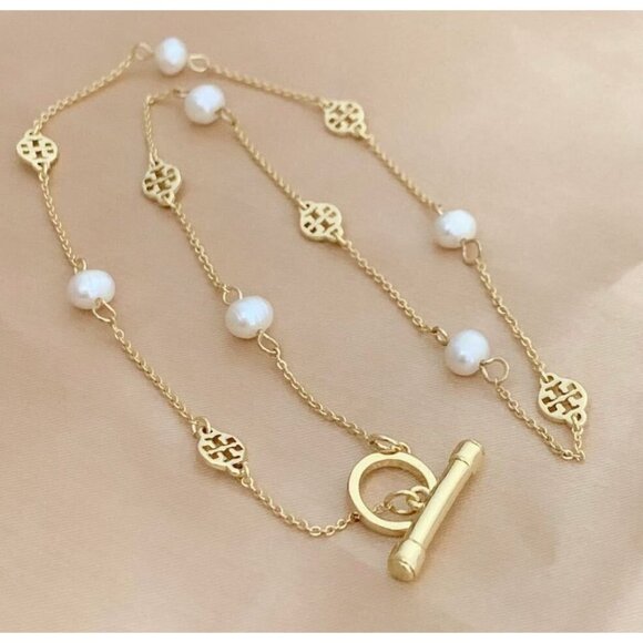 Tory Burch Gold Chain Necklace With Pearls & Logo Charms For Women - Picture 2 of 3